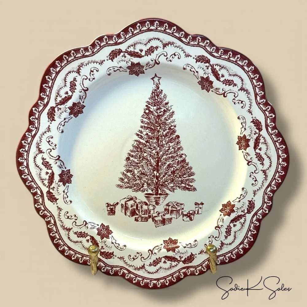 Studio McGee Stoneware Round Serving Platter Red w/ Toile Christmas Tree, Target